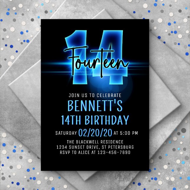 Blue Neon 14th Birthday Invitation (Creator Uploaded)