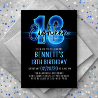 Blue Neon 18th Birthday Invitation
