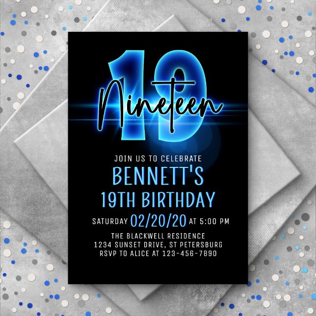 Blue Neon 19th Birthday Invitation (Creator Uploaded)