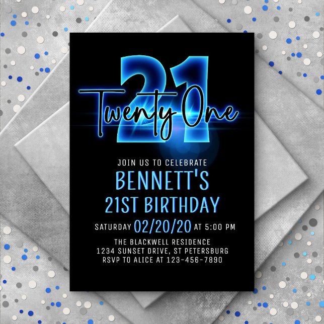 Blue Neon 21st Birthday Invitation (Creator Uploaded)