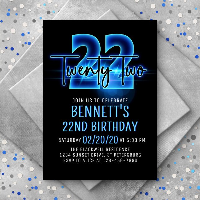 Blue Neon 22nd Birthday Invitation (Creator Uploaded)