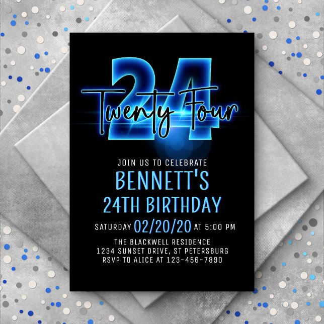 Blue Neon 24th Birthday Invitation (Creator Uploaded)