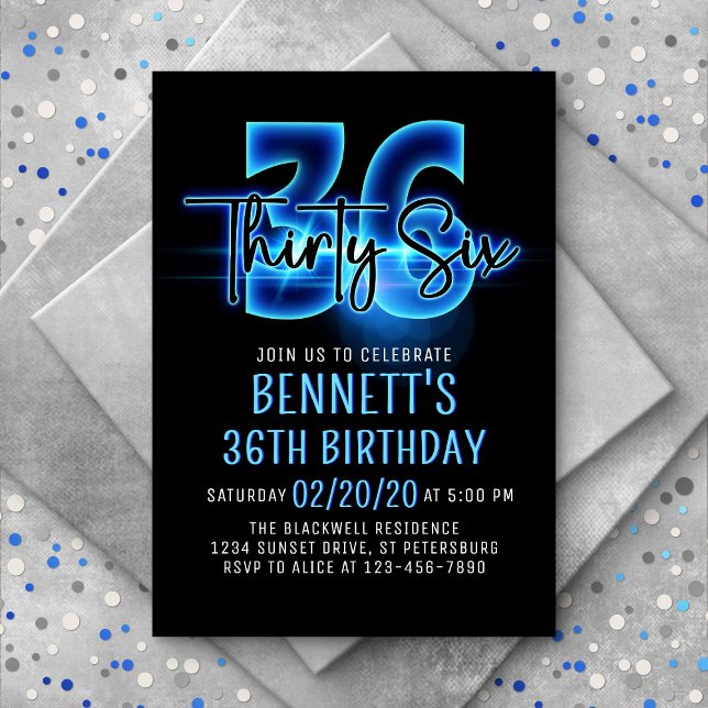 Blue Neon 36th Birthday Invitation (Creator Uploaded)