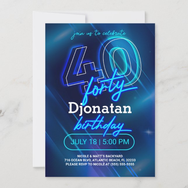 Blue Neon 40th Birthday Party Invitation Card (Front)