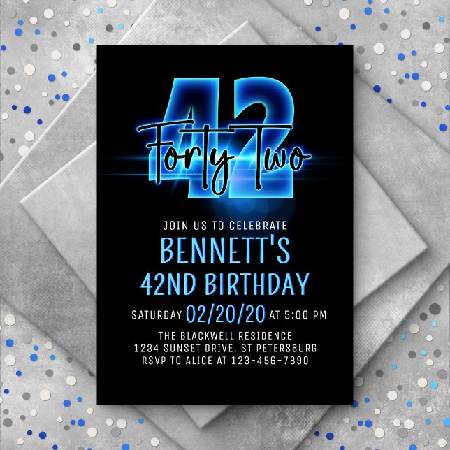 Blue Neon 42nd Birthday Invitation (Creator Uploaded)
