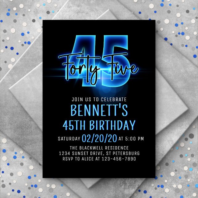 Blue Neon 45th Birthday Invitation (Creator Uploaded)
