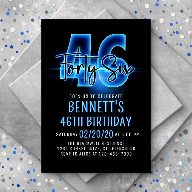 Blue Neon 46th Birthday Invitation (Creator Uploaded)