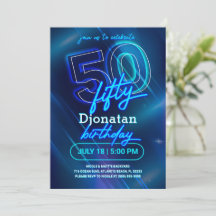 Blue Neon 50th Birthday Party Invitation Card
