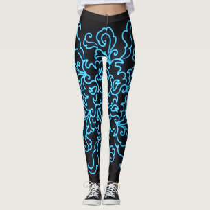 Blue Neon Abstract Line Art Trendy Black Leggings