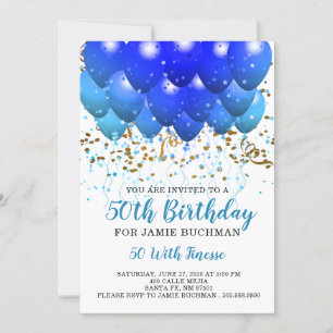 Blue Neon Balloons Confetti 50th Birthday Party Invitation