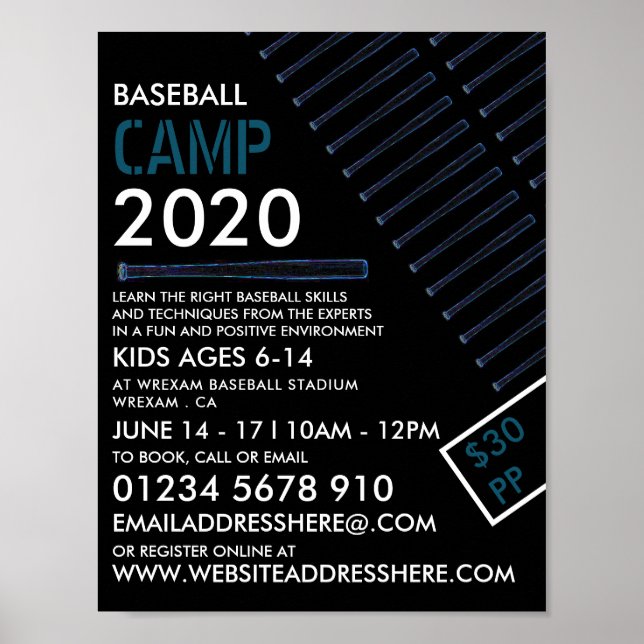 Blue Neon Baseball Bat, Baseball Camp Advertising Poster (Front)