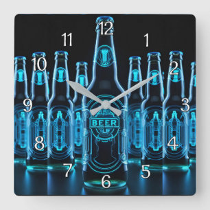 Blue Neon Beer Bottles Square Wall Clock
