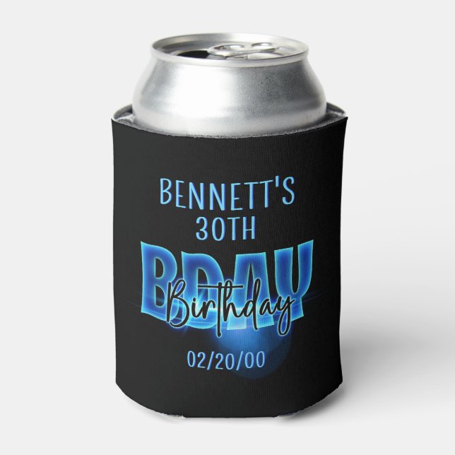Blue Neon Birthday Can Cooler (Can Front)