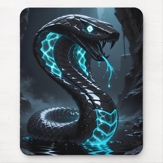 Blue Neon Black Snake Glowing Cobra Fantasy Gaming Mouse Mat (Front)