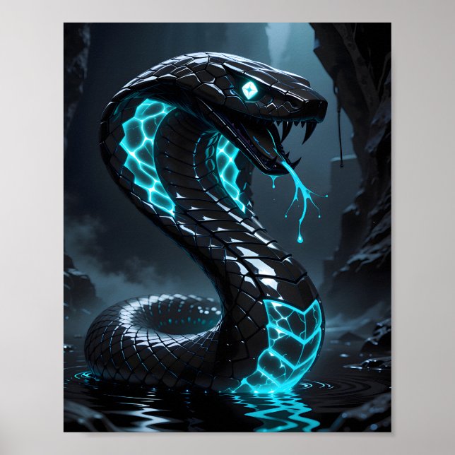Blue Neon Black Snake Glowing Cobra Fantasy Poster (Front)