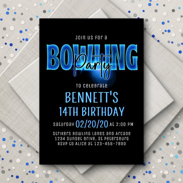Blue Neon Bowling Party Birthday Invitation (Creator Uploaded)