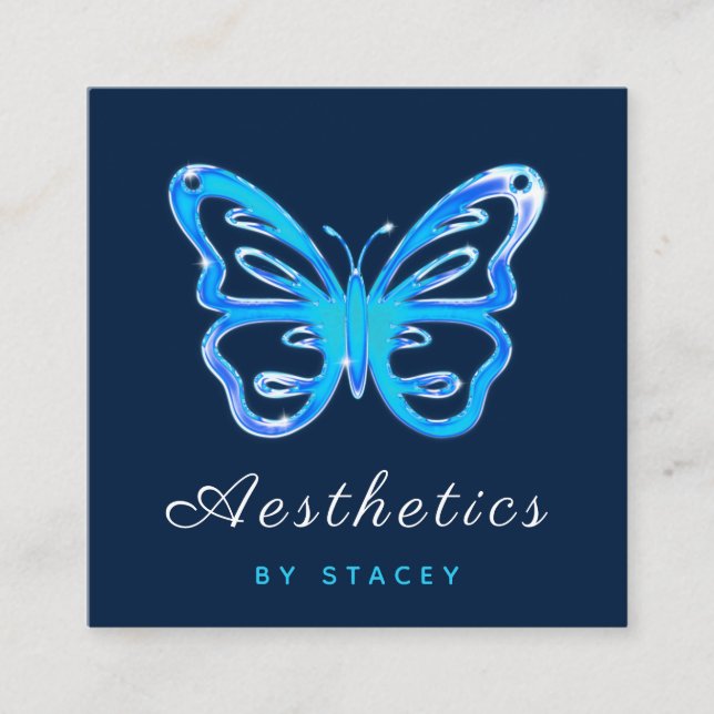 Blue Neon Butterfly Aesthetic QR Code Social Media Square Business Card (Front)