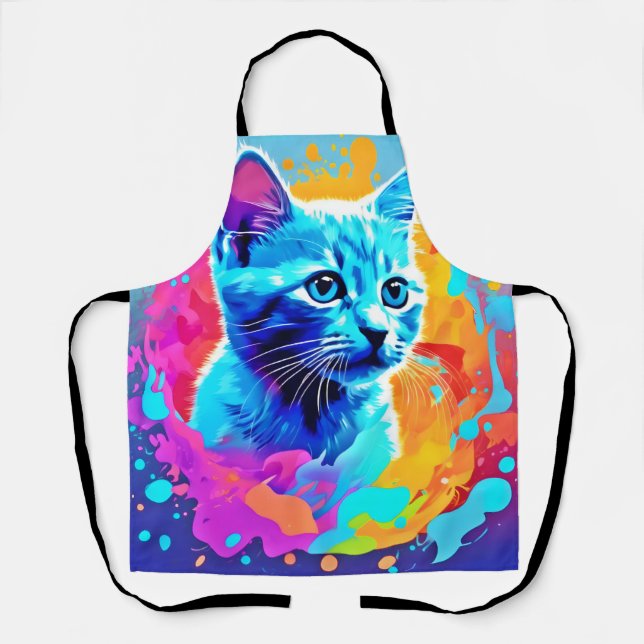 Blue Neon Cat in Splatter Apron (Front)