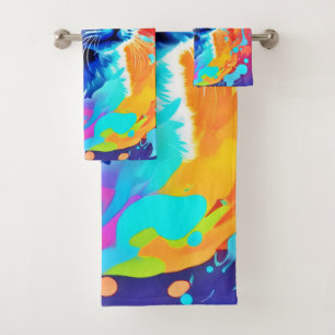 Blue Neon Cat in Splatter Bath Towel Set