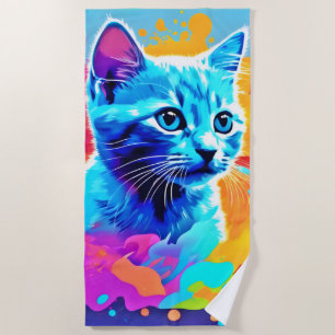 Blue Neon Cat in Splatter Beach Towel