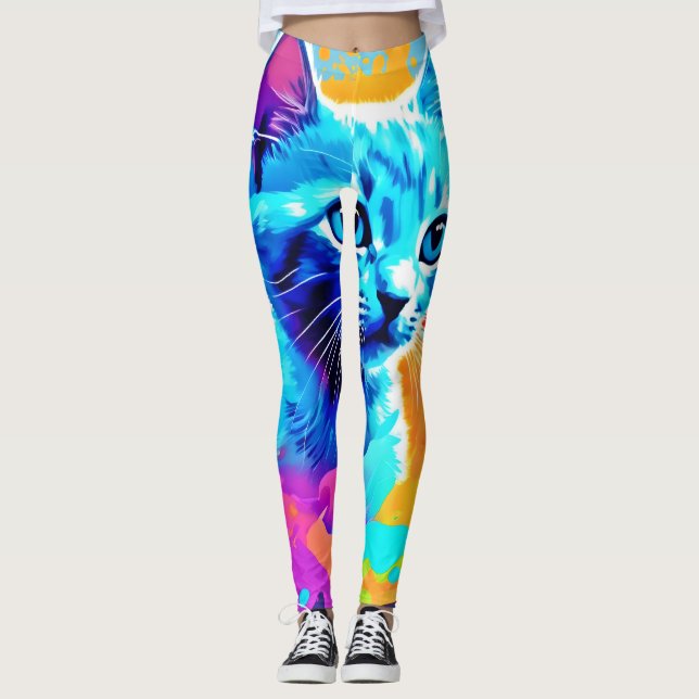 Blue Neon Cat in Splatter Leggings (Front)