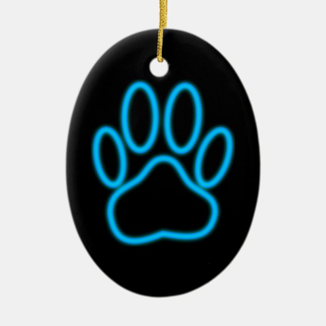 Blue Neon Dog Paw Print Ceramic Tree Decoration (Front)
