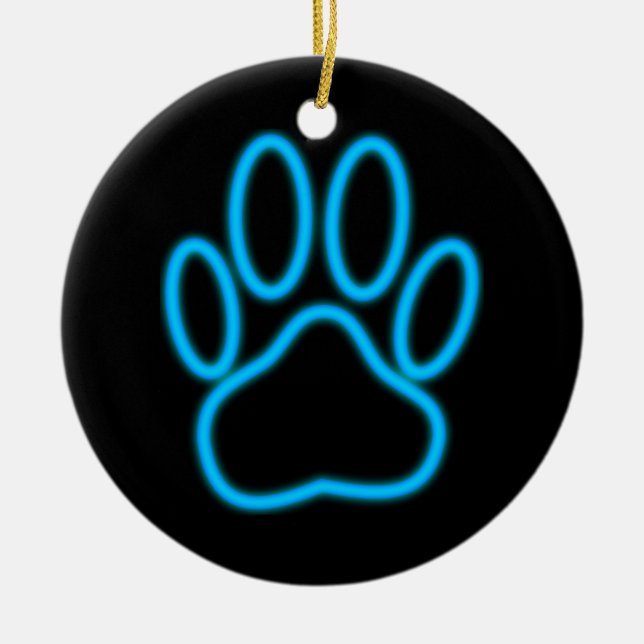 Blue Neon Dog Paw Print Ceramic Tree Decoration (Front)