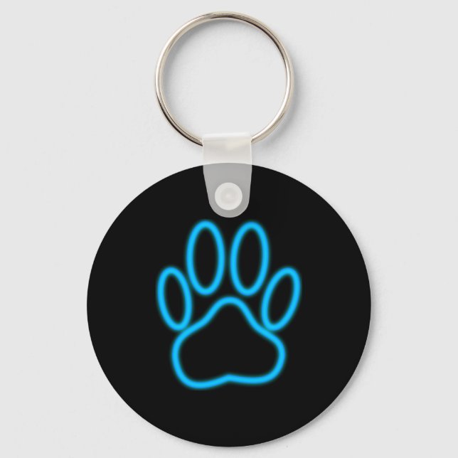 Blue Neon Dog Paw Print Key Ring (Front)