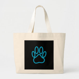 Blue Neon Dog Paw Print Large Tote Bag