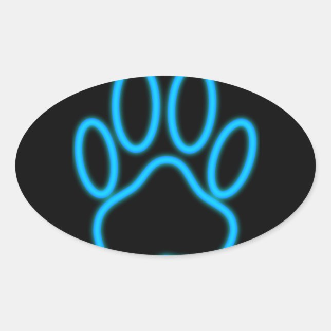 Blue Neon Dog Paw Print Oval Sticker (Front)