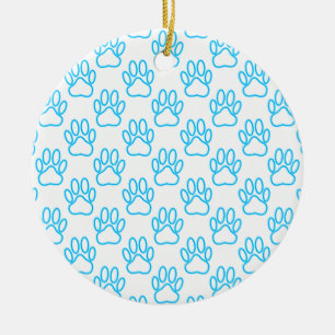 Blue Neon Dog Paw Print Pattern Ceramic Tree Decoration