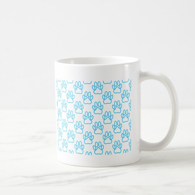 Blue Neon Dog Paw Print Pattern Coffee Mug (Right)