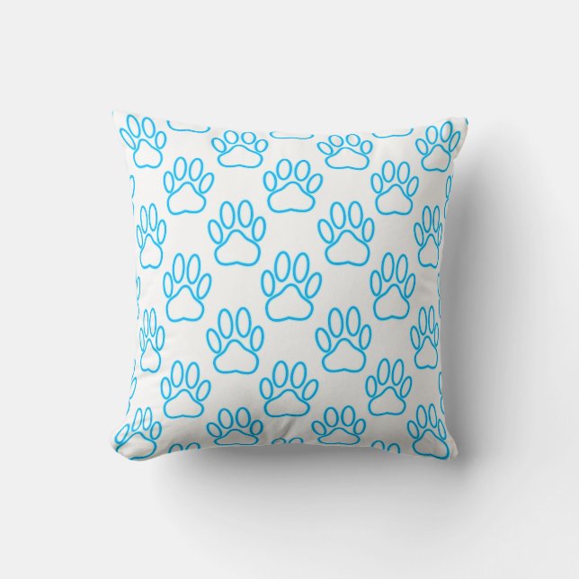 Blue Neon Dog Paw Print Pattern Cushion (Front)