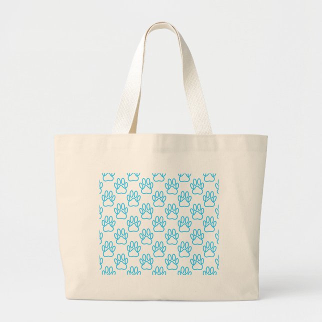 Blue Neon Dog Paw Print Pattern Large Tote Bag (Front)