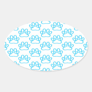 Blue Neon Dog Paw Print Pattern Oval Sticker
