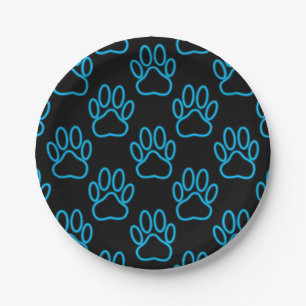 Blue Neon Dog Paw Print Pattern Paper Plate