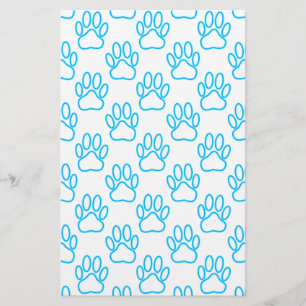Blue Neon Dog Paw Print Pattern Stationery
