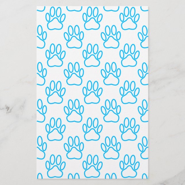 Blue Neon Dog Paw Print Pattern Stationery (Front)