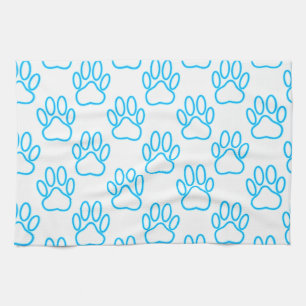 Blue Neon Dog Paw Print Pattern Tea Towel