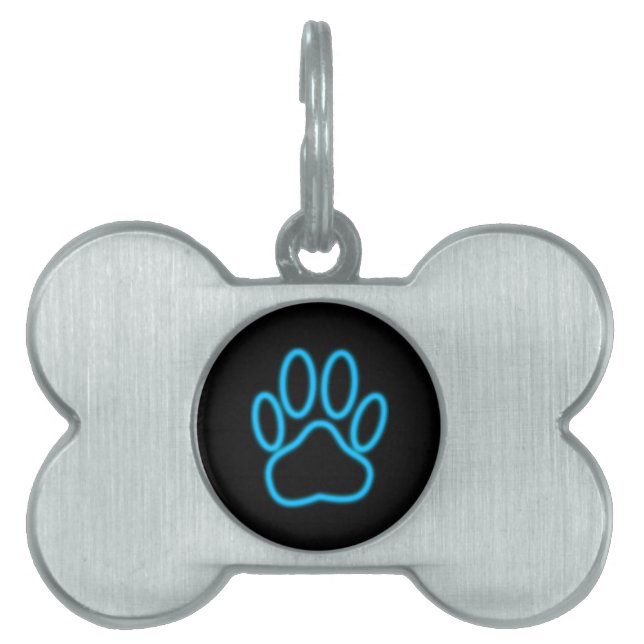 Blue Neon Dog Paw Print Pet Name Tag (Front)