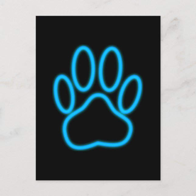Blue Neon Dog Paw Print Postcard (Front)