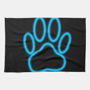 Blue Neon Dog Paw Print Tea Towel