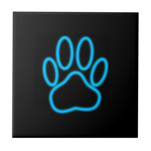 Blue Neon Dog Paw Print Tile (Front)