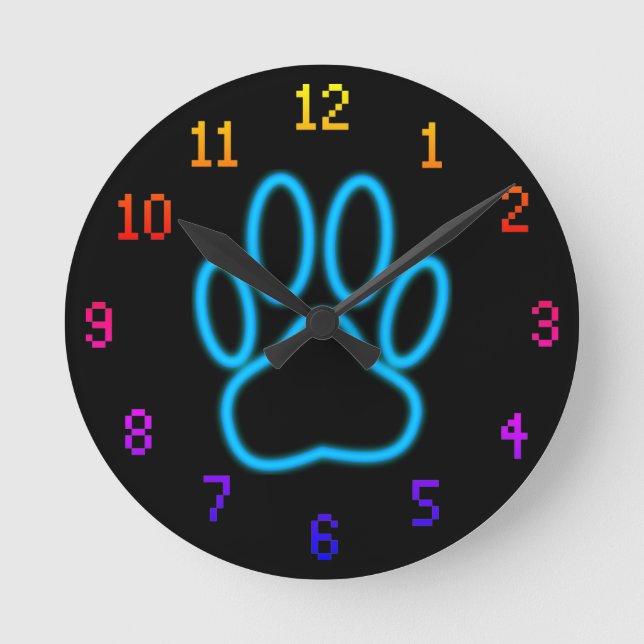 Blue Neon Dog Paw Print With Numbers Round Clock (Front)