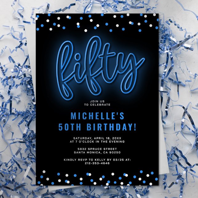 Blue Neon Fifty Birthday Invitation (Creator Uploaded)