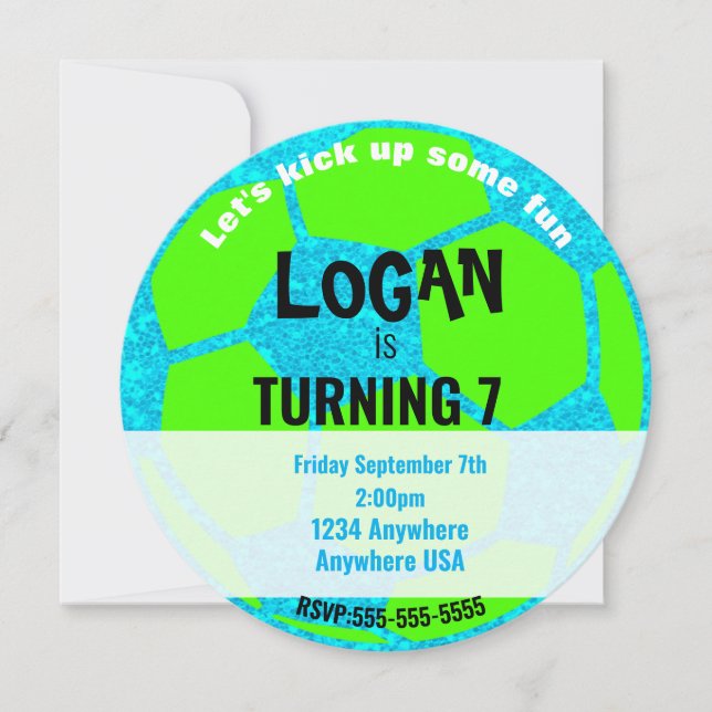 Blue Neon Glow Soccer Ball Birthday,Soccer party Invitation (Front)