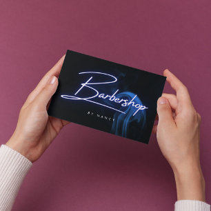 Blue Neon Handwritten Script Barbershop Barber Business Card