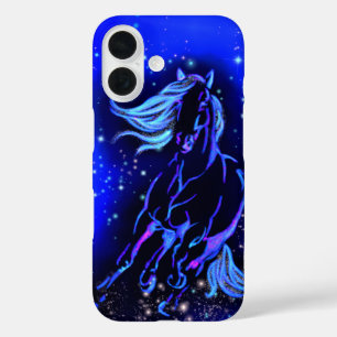Blue Neon Horse Running In Moonlight Starry Night iPhone 16 Case