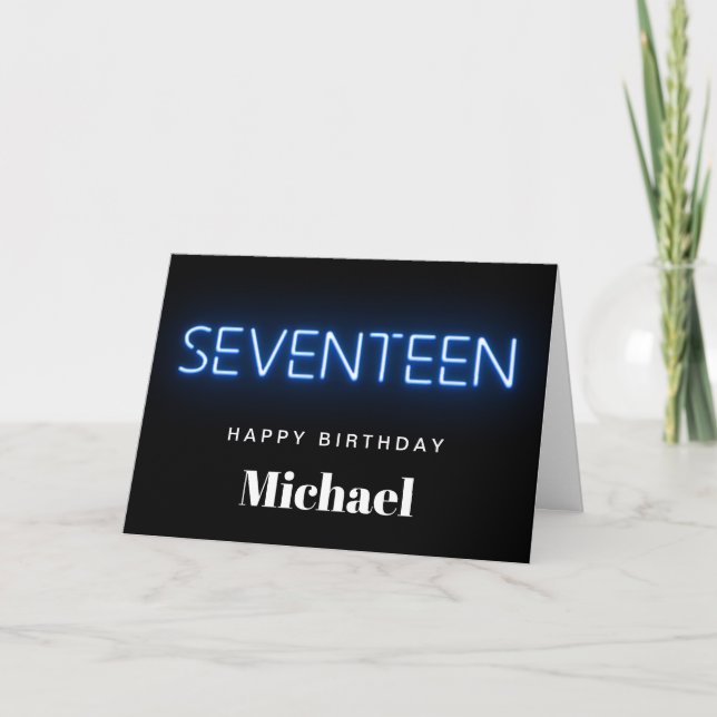 Blue Neon Lights Personalised 17th Birthday Card (Front)
