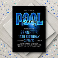 Blue Neon Pool Party Birthday Invitation